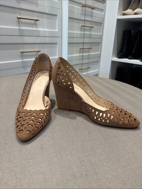 Nine West Tan Suede Laser-Cut Wedge Pumps